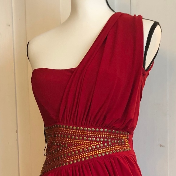 Red one shoulder mini dress with gold detailing - Picture 2 of 6